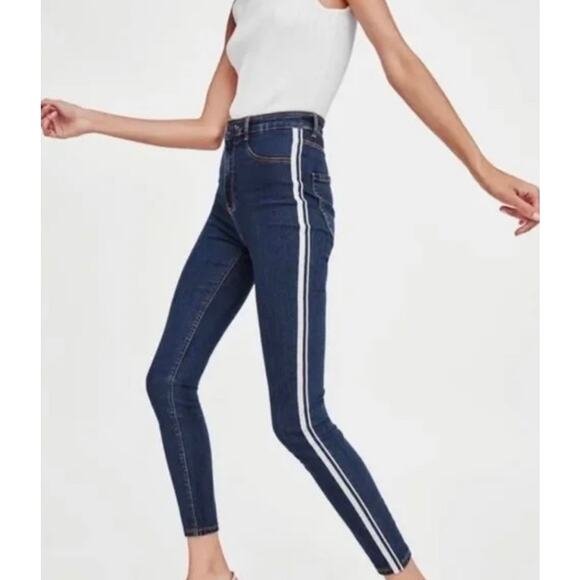 Zara Trafaluc Striped High Rise Skinny Jeans Womens 10 Stretch Blue White Pants - Picture 2 of 6